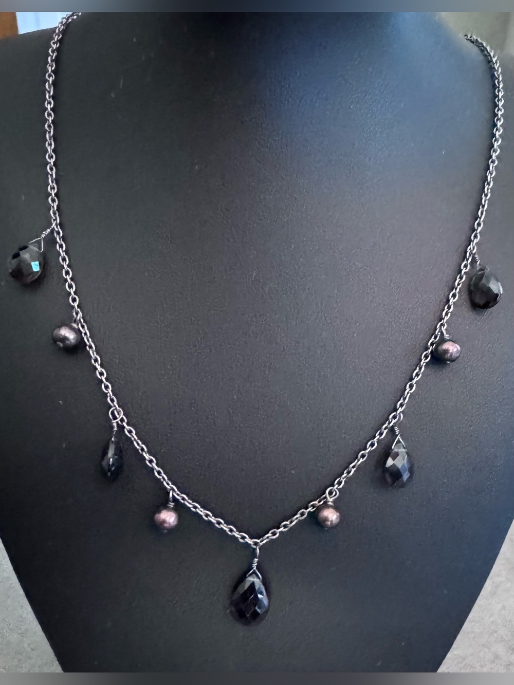 Aubergine Colored Faceted Teardrop Bead and Pearl Chain Necklace